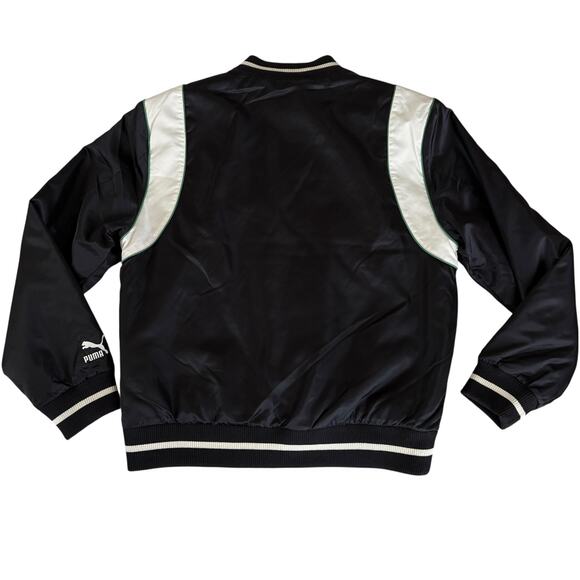PUMA Varsity Bomber Jacket Y2K Satin Streetwear Logo Spell Out Snap Button M - Picture 6 of 8